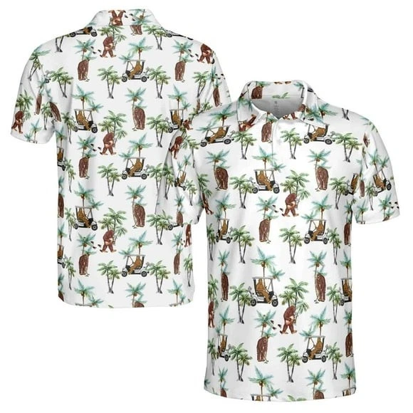 Funny Sasquatch Bigfoot Playing Golf Tropical Polo Shirt S-5XL
