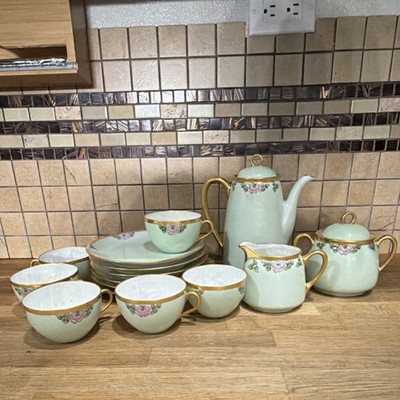Royal Bayreuth Porcelain Floral Tea Set Gold Trim 15 pcs  Light Green Pink White
