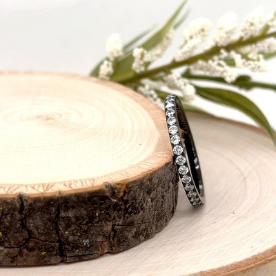 2mm Black Titanium Wedding Ring White CZ Pave Inlay Women Christmas Gifts Band