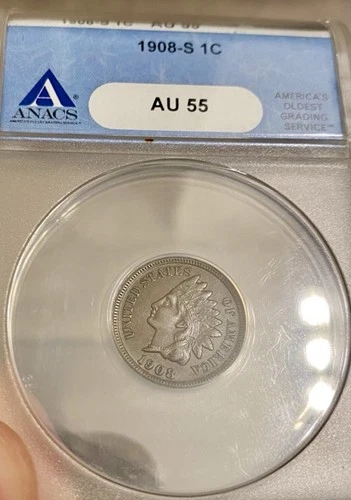 1908-S Indian Head Cent. ANACS AU 55. Gorgeous Rare Coin! Key- Date !