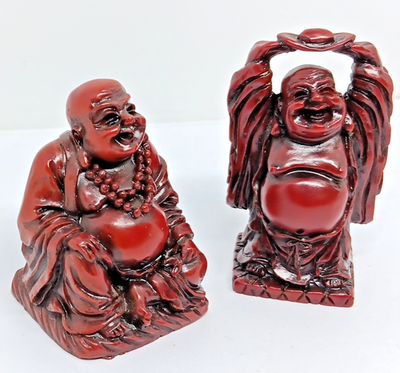 Pair of Vintage Red Resin Laughing Buddha (Hotei) Statues, Sitting