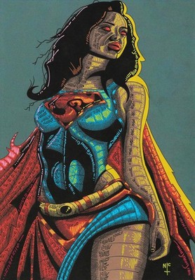SUPER GIRL , dark side, inks on a4 card hard drawn detailed , BIZZARO