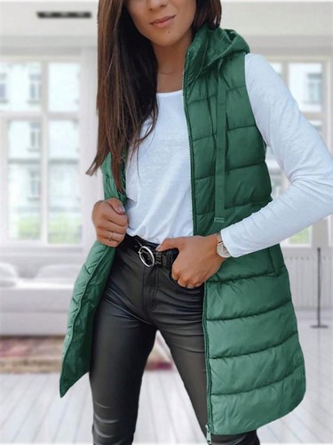 Women Long Vest Solid Color Sleeveless Hood Winter Puffer Vest Outwear - Picture 26 of 39