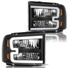 Headlight Pair for Ford F250 F350 F450 F550 2005-2007 Halogen Black Amber