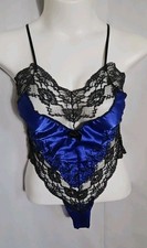 VTG Shirley Of Hollywood Like Liquid Satin Teddy Body suit Sheer Blue Medium