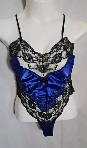 VTG Shirley Of Hollywood Like Liquid Satin Teddy Body suit Sheer Blue Medium 