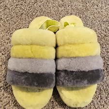 UGG Fluff Yeah Slide Slippers Colorblock Yellow/Gray Logo Strap Open Toe 12