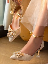 Women's French Rhinestone Pearl Closed Toe High Heel Bridal Pumps Elegant Shoes