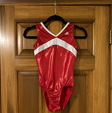 adidas Sleeveless Metallic Red Gymnastics Leotard White Trim.      Adult M