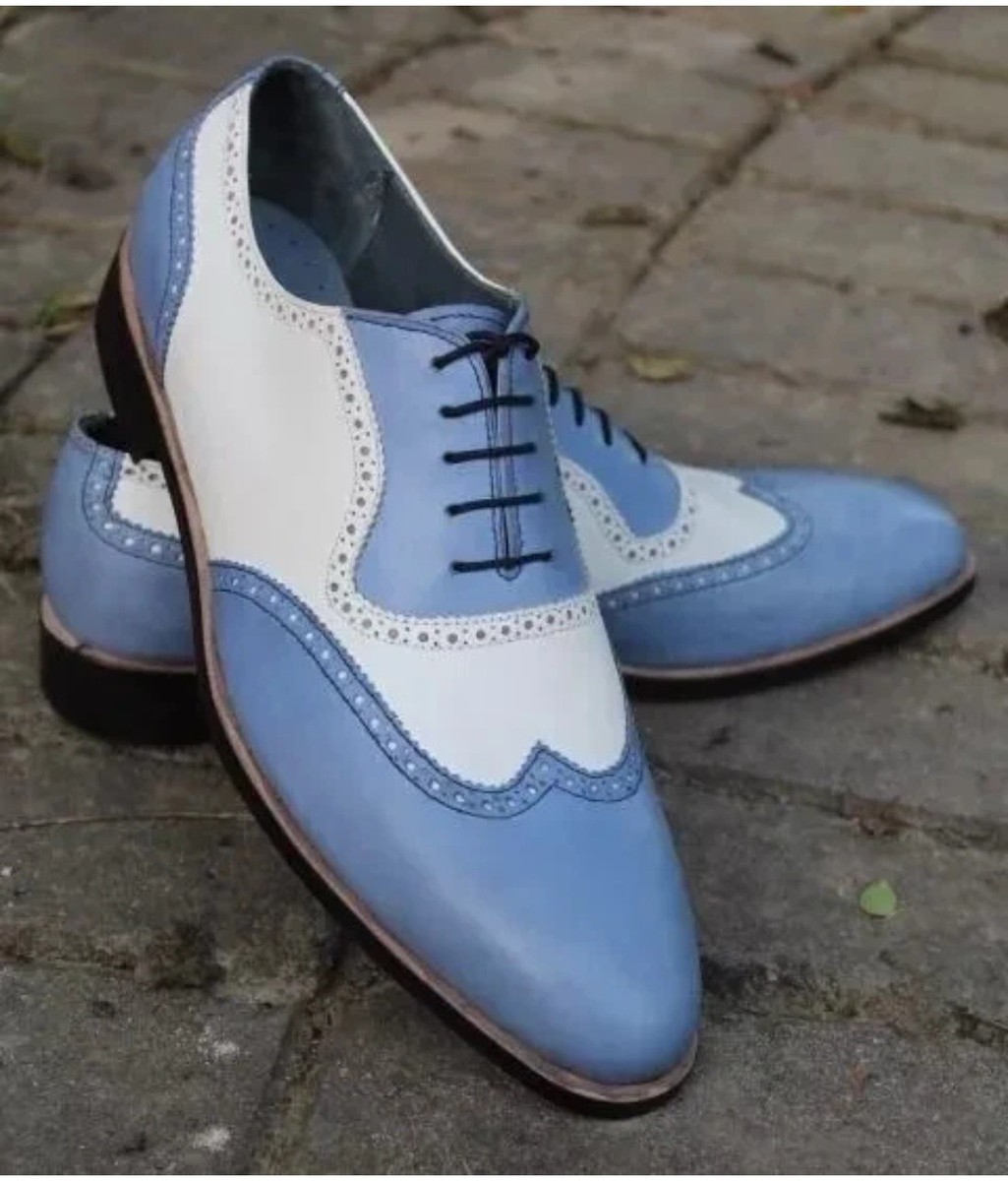 Tailor Made Premium Quality Sky Blue White Leather Oxford Lace Up Dress  Shoes
