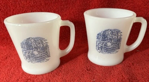Set of 2 Vintage Anchor Hocking Fire King Milk Glass Currier & Ives Pattern Mugs
