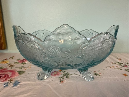Vintage Jeannette Glass Lombardi Oval Footed Fruit Bowl Ice Blue MCM 1960s - Picture 1 of 10