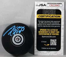 ADAM LOWRY SIGNED WINNIPEG JETS PUCK NHL STAR AUTOGRAPHED +JSA COA