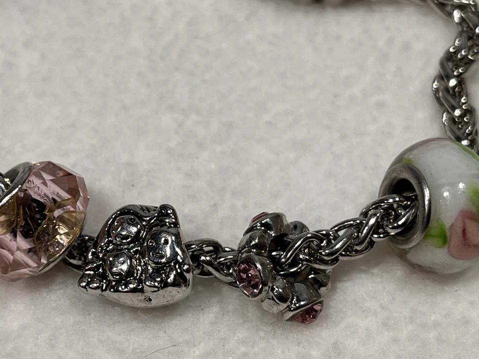 Pulsera con dije de cristal rosa tono plata estilo europeo cuentas joyería mamá madre Foto 4 de 4