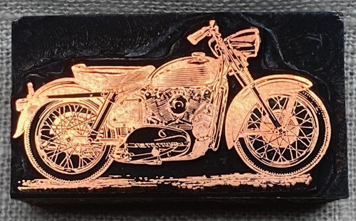 HARLEY-DAVIDSON SPORTSTER MOTORCYCLE PRINTERS BLOCK - COPPER ON WOOD - VERY GOOD