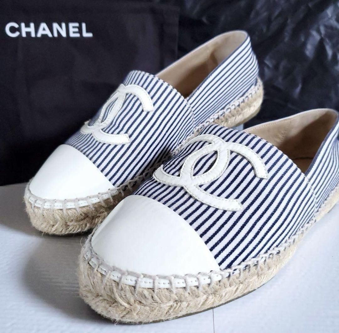 CHANEL White COCO MARK Stripe Espadrilles Sneakers Women Size 35 Genuine