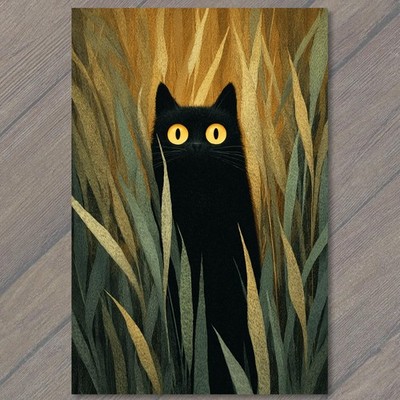 POSTCARD Black Cat Golden Eyes Tall Grass Night Watcher Spooky Mystery