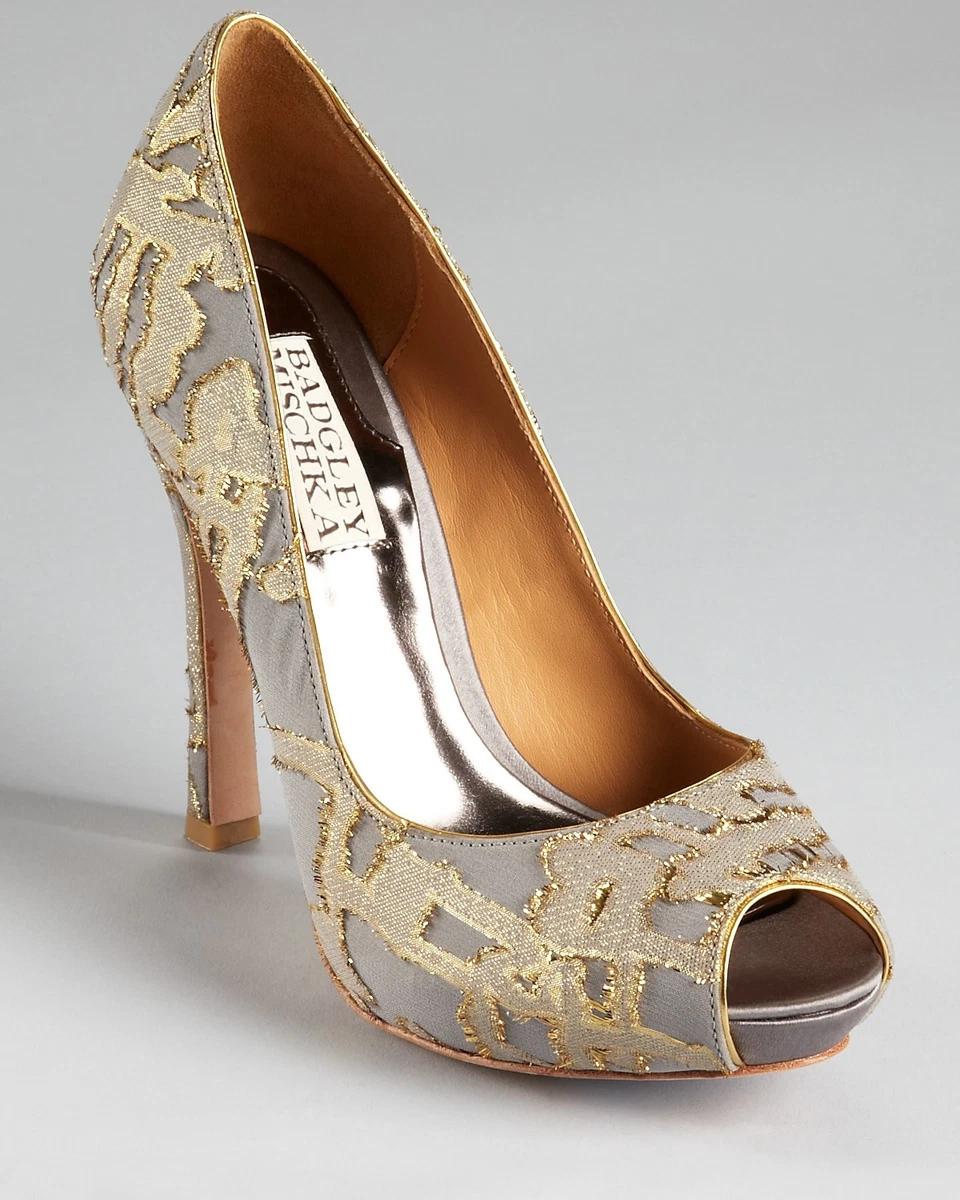 Badgley Mischka NEW ROXIE open toe heels pump tapestry shoes Grey gold 7