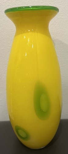 White Glass Vessel Cased in Bright Yellow - Large Green Spots w/ Halos - Picture 2 of 7