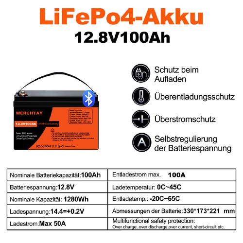 Bluetooth Lithium Batterie 12V 100Ah LiFePO4 Smart Akku Wohnmobil 15000+ Zyklen - Bild 3 von 19