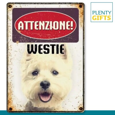 Plenty Gifts Blechschild Attenzione! Westie Retro Deko Hund Vintage 210x148