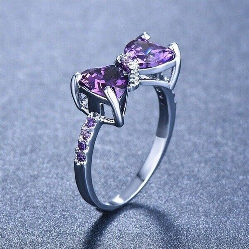 2.79 Ct Trillion Cut Simulated Amethyst Wedding Gift Ring 14k White Gold Plated - Picture 2 of 5