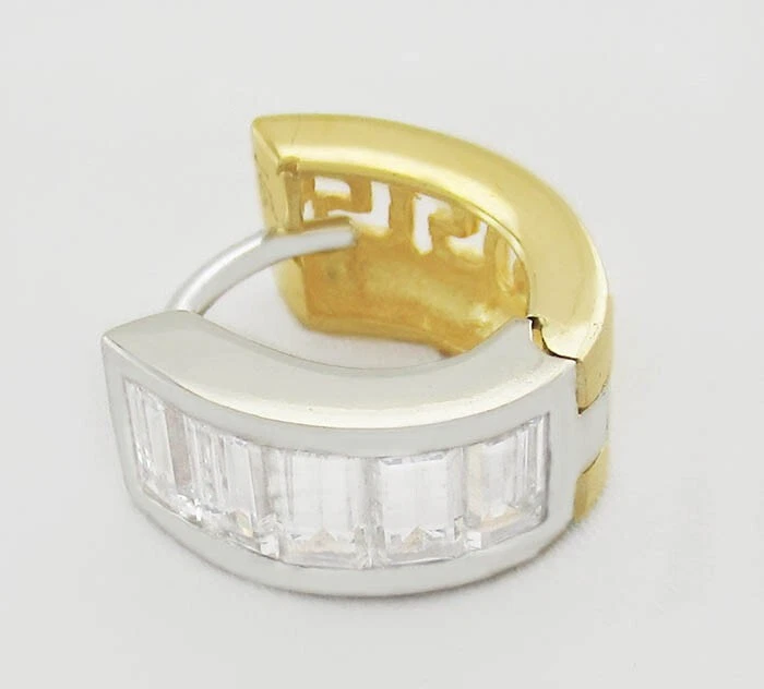 LAB CREATED WHITE SAPPHIRES Single HUGGIE EARRING 14K TWO TONE GOLD - NWT - Image 2 of 4