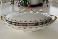 Limoges Oval Covered Serving Dish Blue White Pattern Gold Handles