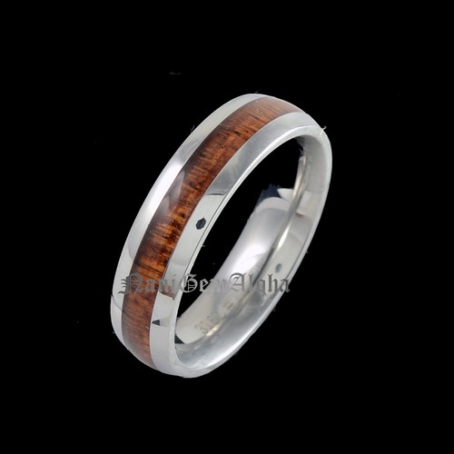 Hawaiian Koa Wood Stainless Steel Dark Koa Wood Hawaiian Wedding Band Ring - Picture 2 of 9