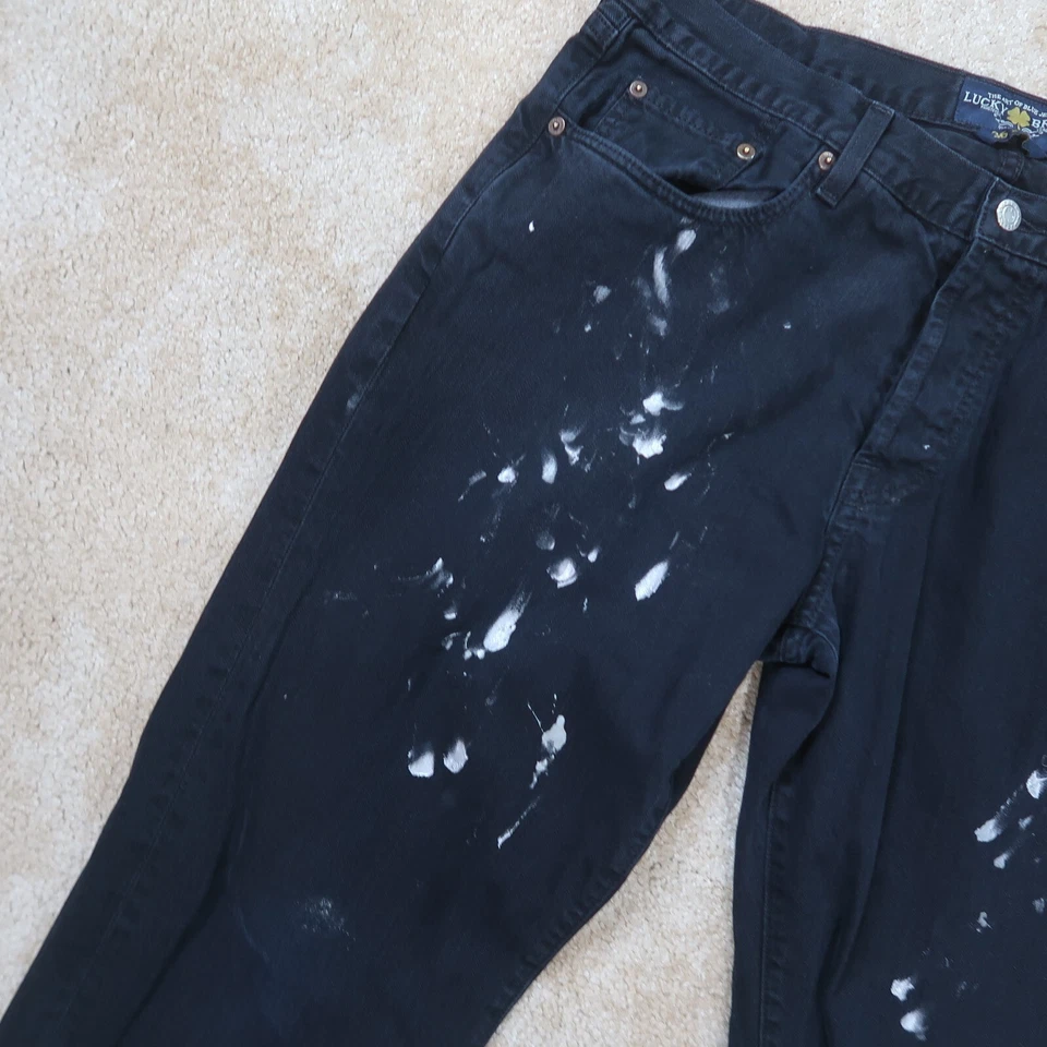 Lucky Brand 221 Slim Straight Jeans Men's 36x32 Black Button fly Denim Painted - Image 2 of 4