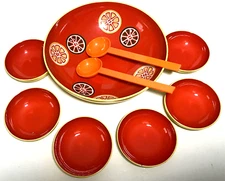 Mid Century Modern Plastic  Fruit Sering Bowls Sppons Orange Yellow 13" D