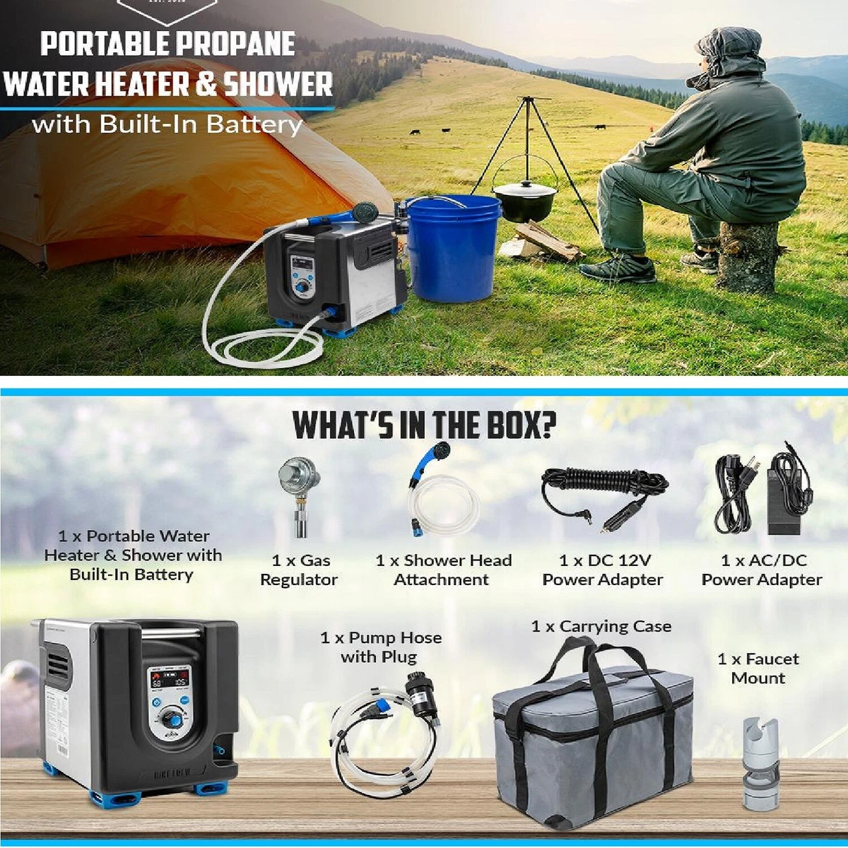 Portable Propane Water Heater u0026amp; Shower Pump w/Built-in Battery w/LCD  for Camping | eBay