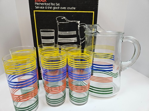 Indiana Glass STRATA 7 Piece Primary Color Ice Tea & Pitcher Set w/Box MINT - Picture 4 of 7