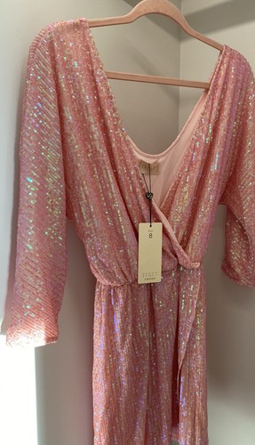 Club L London Pink Sequin Mini Dress Plunge Neck Long Sleeves Coral Size 8