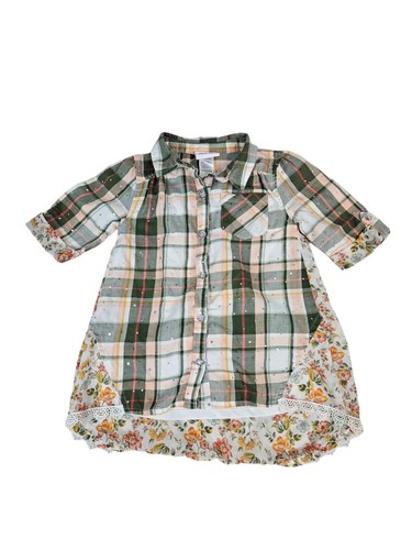 Little Lass Plaid & Floral Chiffon Rhinestone Button Up Shirt Size 5 Girls D96