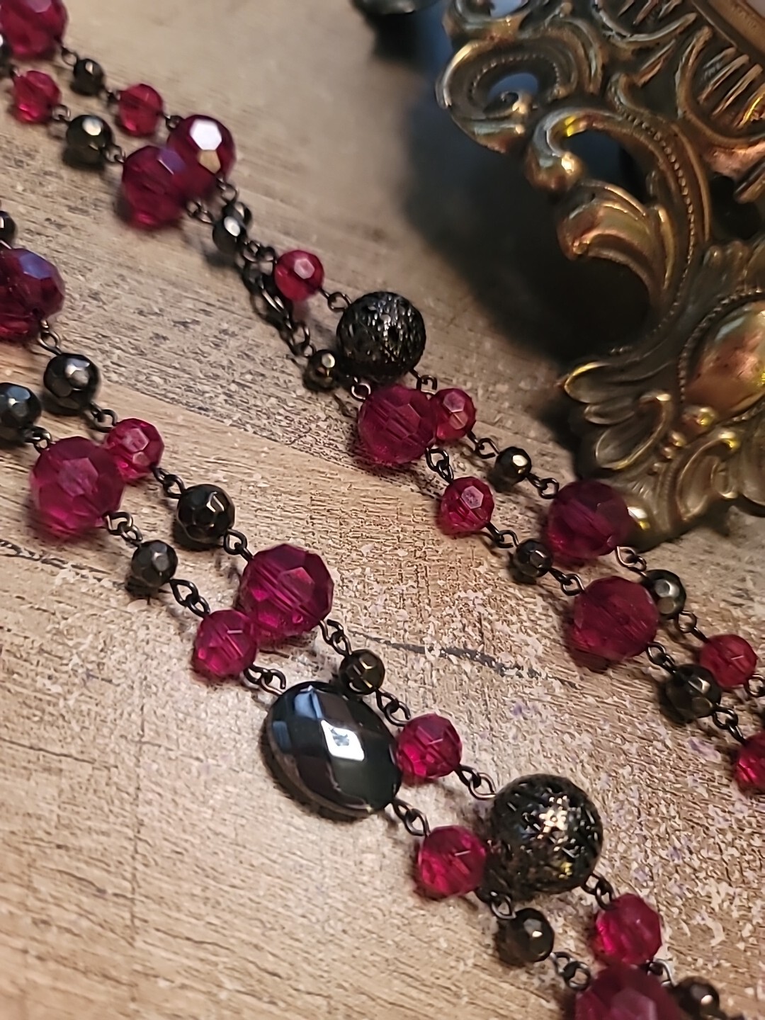 Ruby Red Beaded Necklace 29" W/ Ruby red Beaded E… - image 4