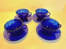 Vereco Duralex Bormioli Rocco Rivage Swirl Cobalt Blue Teacup & Saucer Set of 4