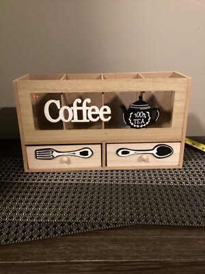 NEW Coffee Tea Station Wooden Organizer with Storage Drawers