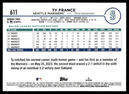 2024 Topps Series 2 #611 Ty France Seattle Mariners - Picture 2 of 2