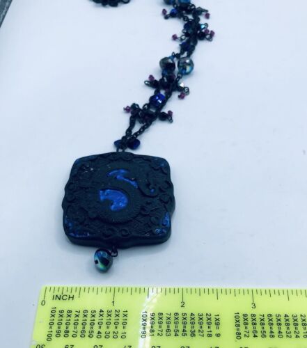 Vintage Chico’s Black & Blue Dragon Pendant Necklace Gunmetal Dangle Chain - Picture 6 of 7