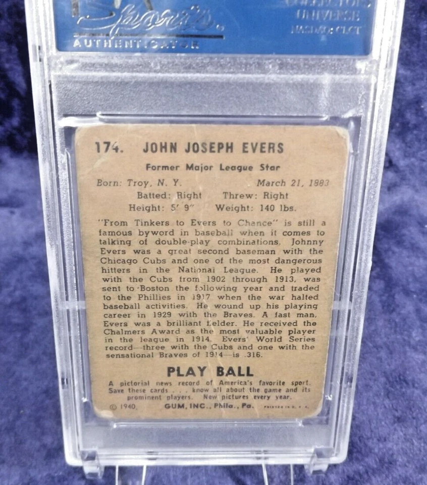 1940 Play Ball #174 PSA Pr1 - Johnny EVERS - Chicago Cubs - Image 2 of 2