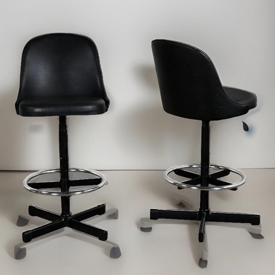 Pair Samsonite MCM Black Vinyl Chrome Adjustable Bar Stools Counter Vintage EXC - Image 2 of 3