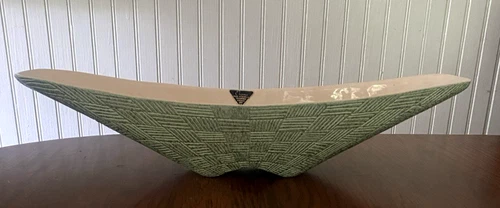 VTG SHAWNEE MID CENTURY MODERN PLANTER BOWL GREEN BASKET WEAVE 1417