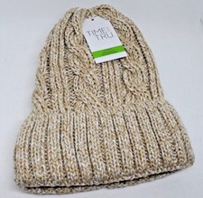 TIME AND TRU One Size TT Cable Knit Beanie Beige Cream w/ faux fur lining