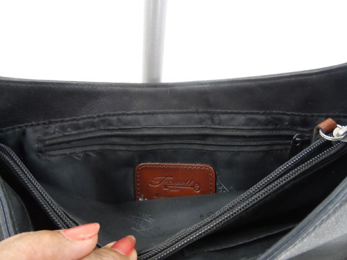 Vitg. 90s FOSSIL Black /Brown Trim Leather Handbag Purse 75082 - 12 x 7.5 x 4 - Picture 7 of 9