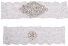 Fashion Plaza Wedding Bridal Lace Garter Set with Rhinestone/Pearl A-G006, White