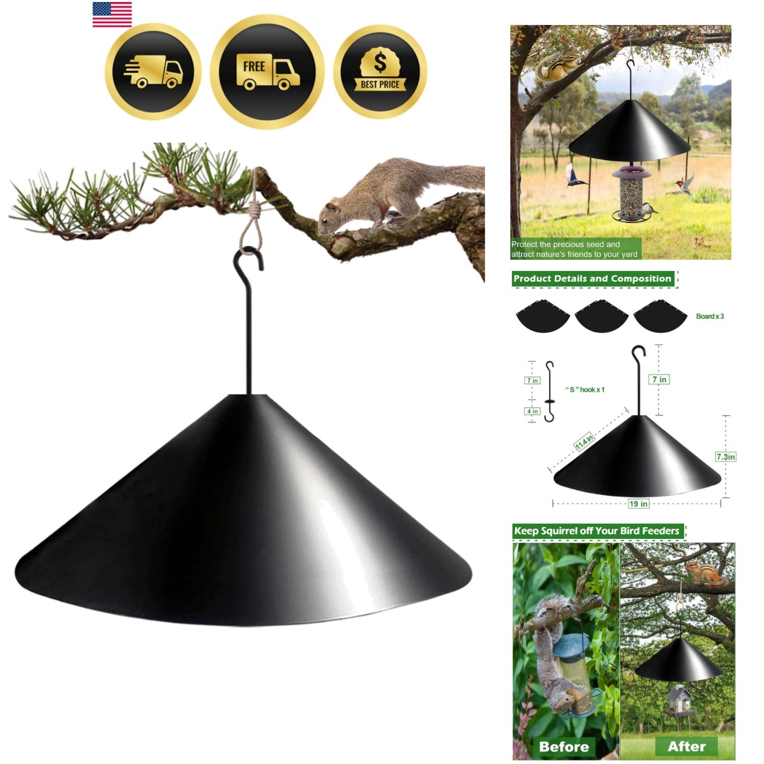 Bird Feeder Squirrel Proof Baffle 19 Inch Black Protects Raccoons & Squirrels