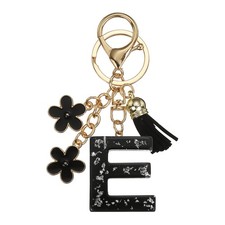 Alphabet Initial Letter Keychain Cute Charm with Tassel Flower Letter E Black 