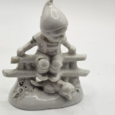 Porcelain Boy Elf Figurine Vintage On Fence With Cat Estate Find
