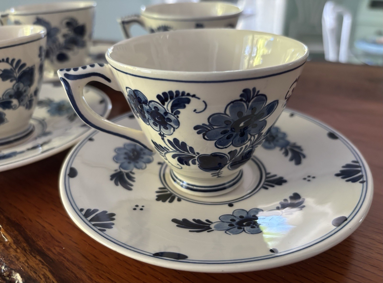 Set Of 5 Vintage Delft Blue Delfts Blade Hand Painted Cups & Saucers, Holland